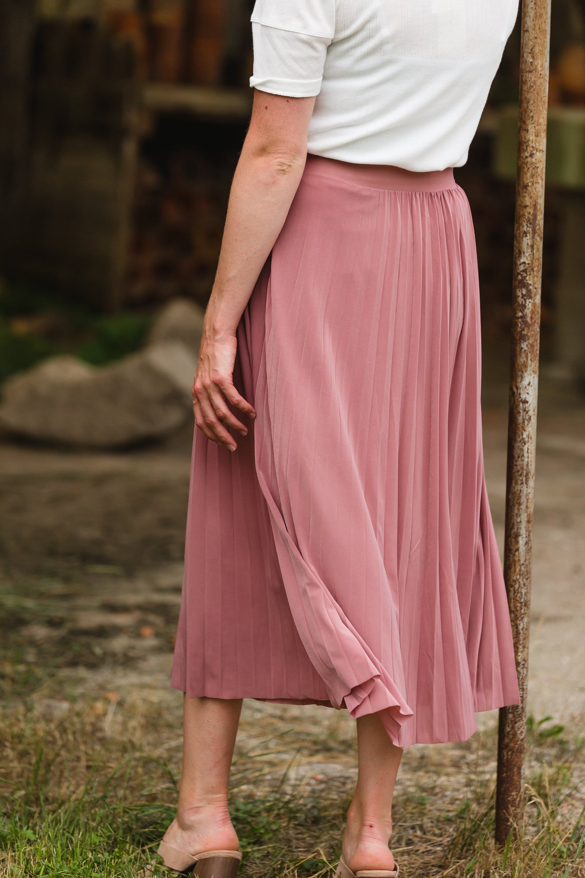 Pleated Mauve Stretch Waist Midi Skirt - FINAL SALE Skirts