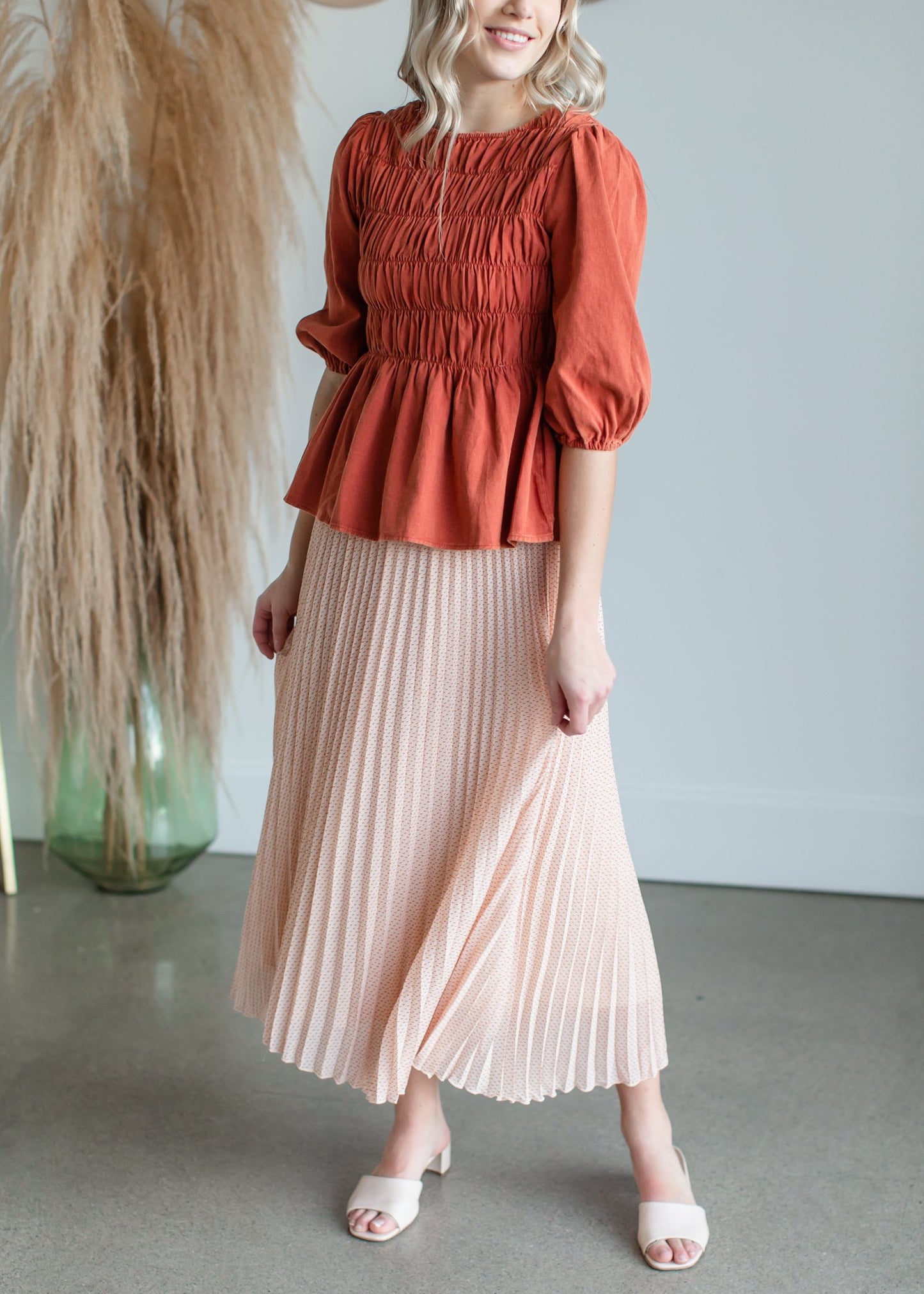 Pleated Print Maxi Skirt Skirts Polagram Peach / S