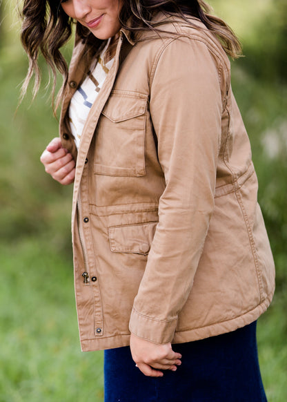 sherpa lined camel colored womens cargo jacket