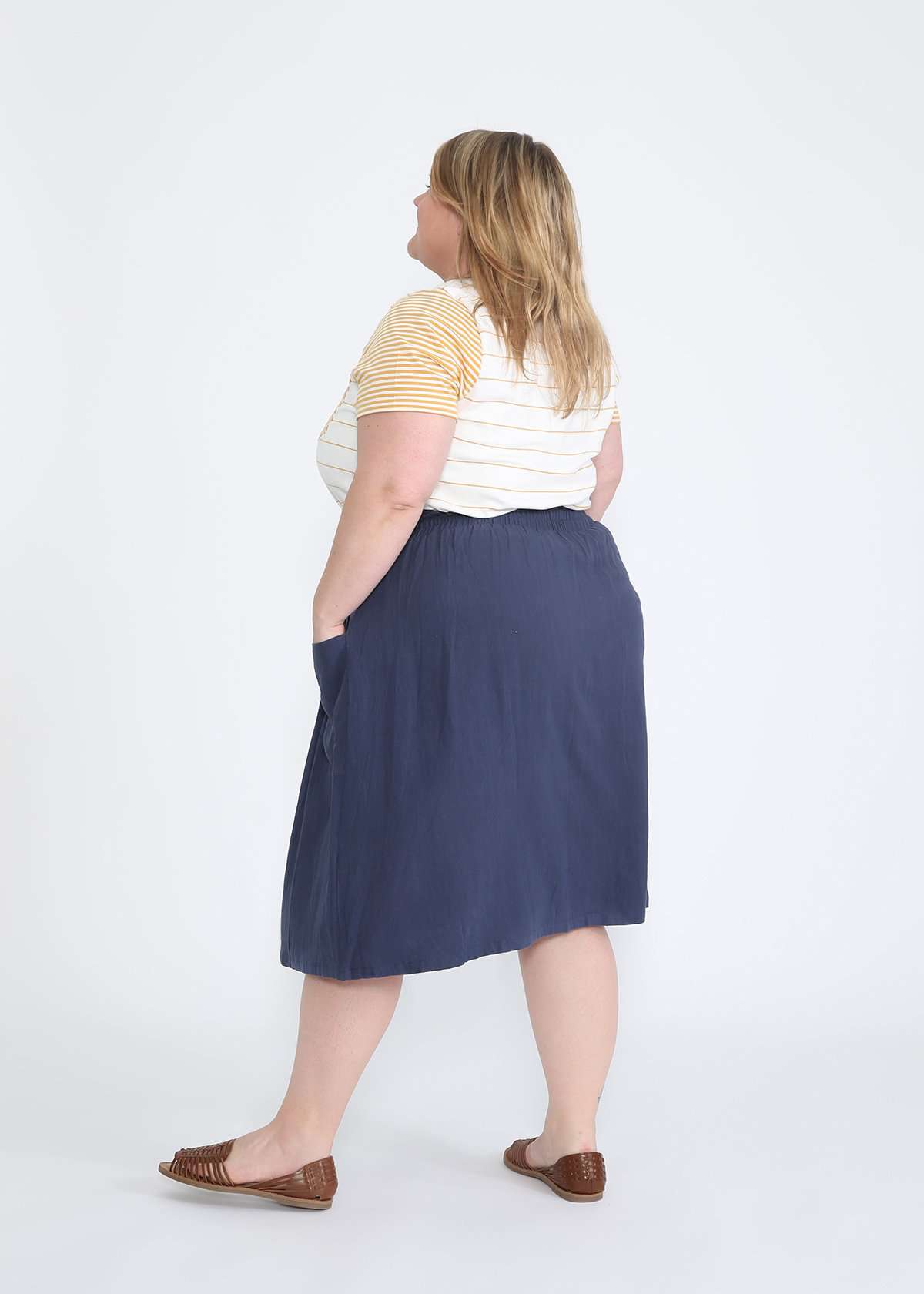 plus size navy button front midi skirt