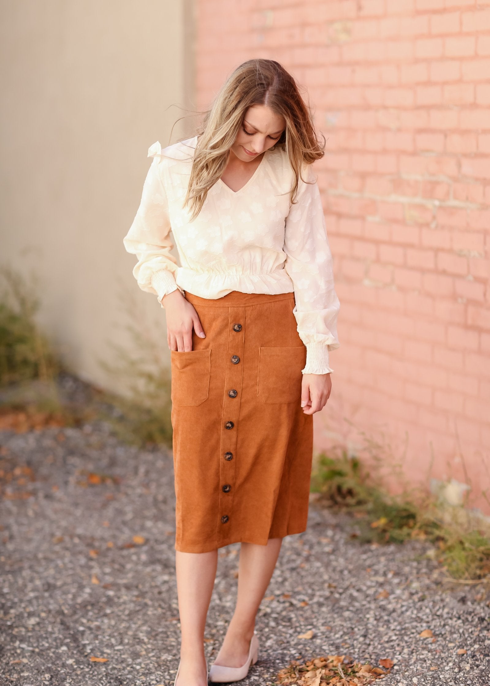 Pocket High Waist Button Front Corduroy Midi Skirt Skirts Tea N Rose Camel / S