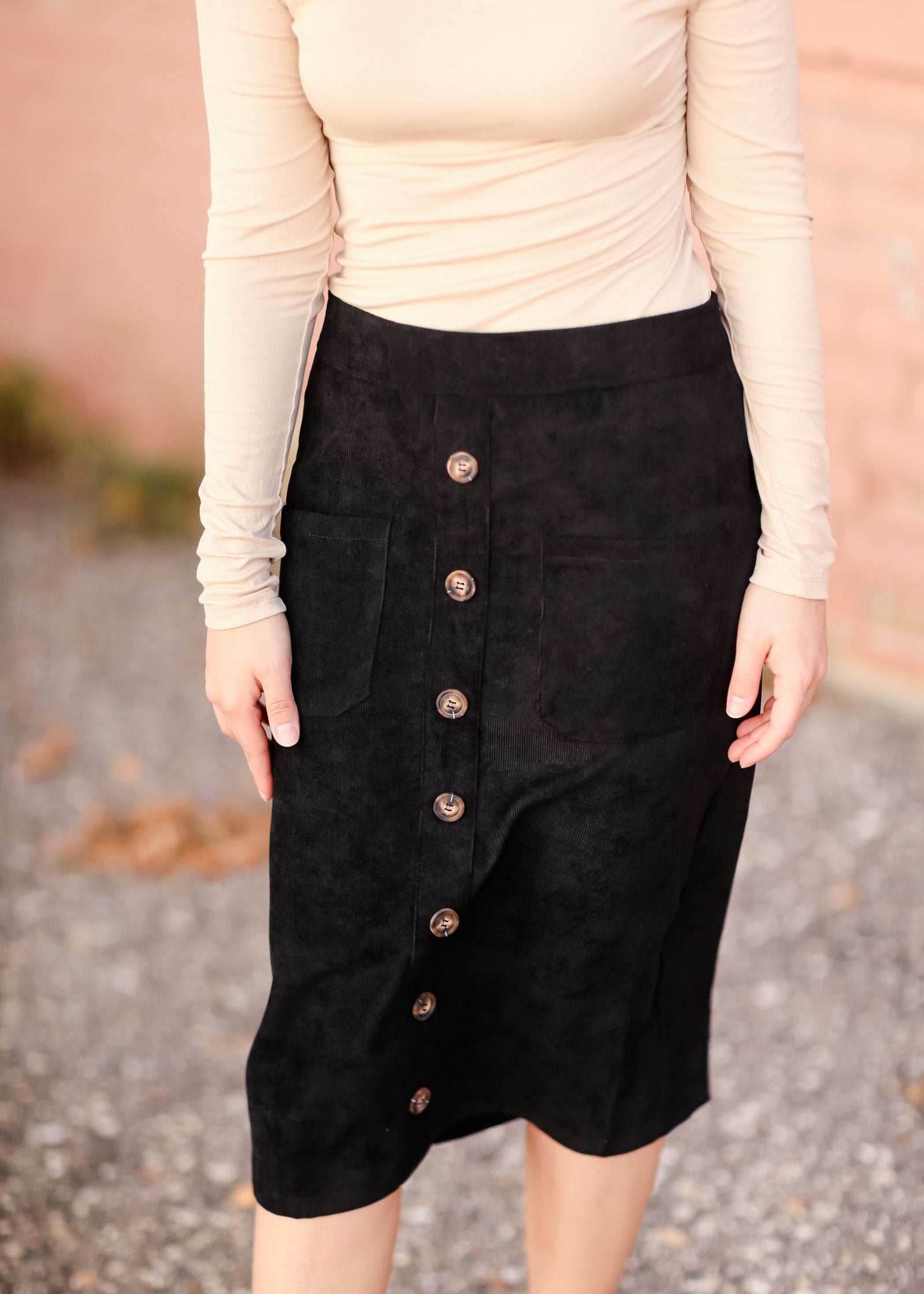 Pocket High Waist Button Front Corduroy Midi Skirt Skirts Tea N Rose