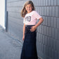girls a-line long denim embroidered denim skirt