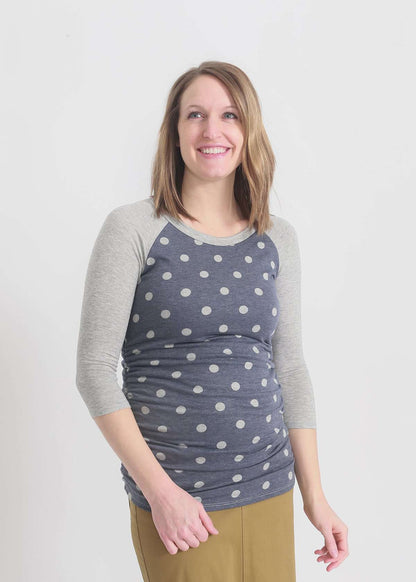 gray and white polka dot maternity top