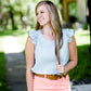 Modest Mint Top with Coral Polka Dots and a Ruffle Cap Sleeve