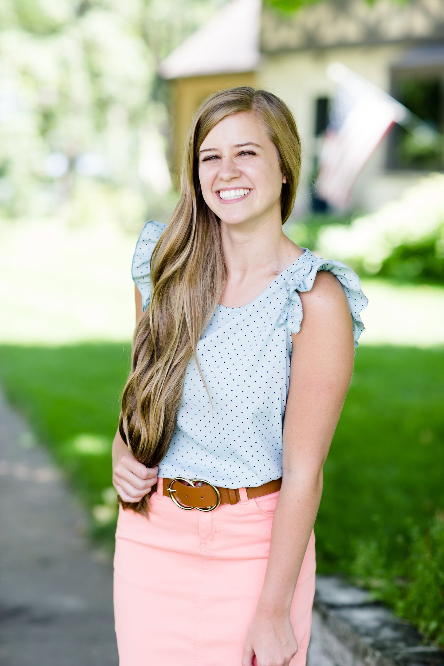 Modest Mint Top with Coral Polka Dots and a Ruffle Cap Sleeve