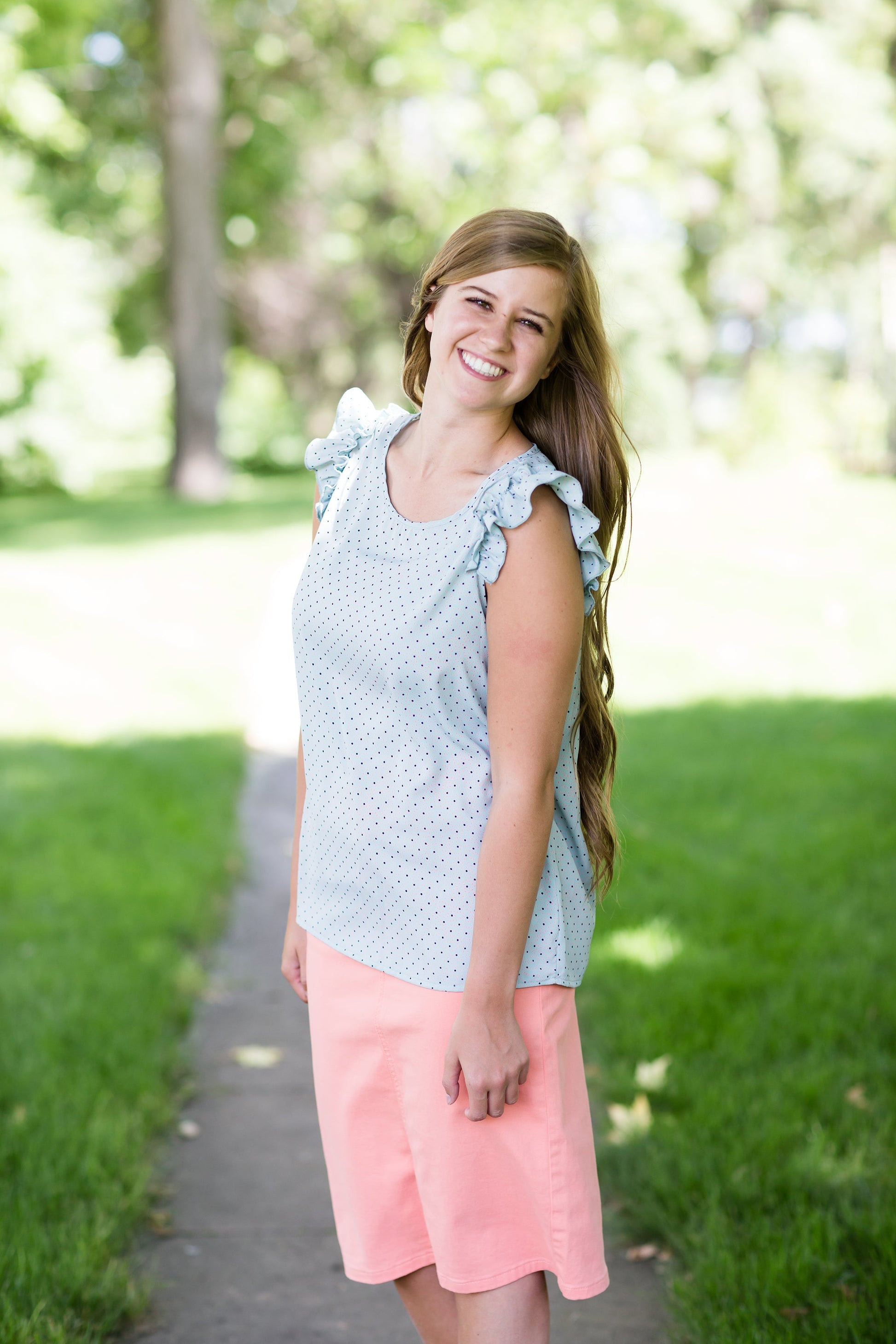 Modest Mint Top with Coral Polka Dots and a Ruffle Cap Sleeve