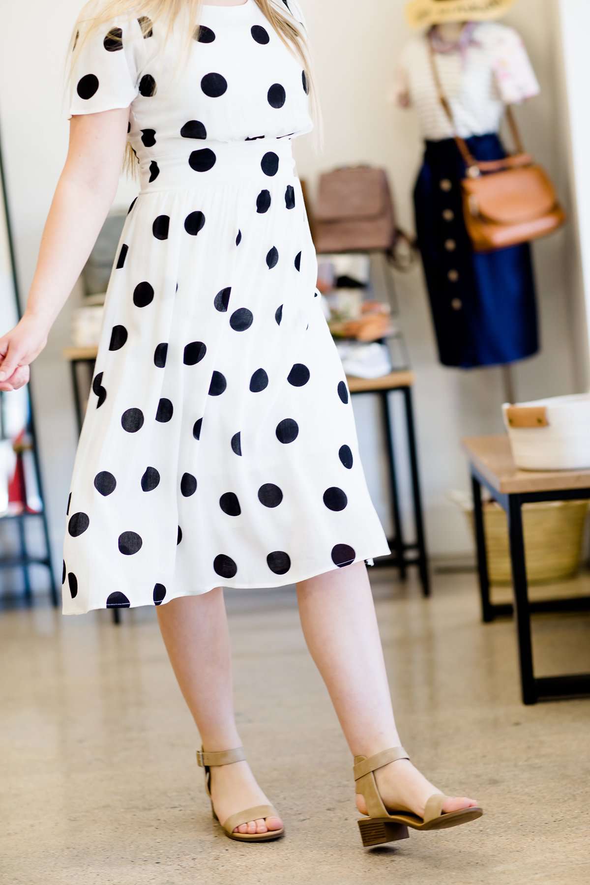 Black and white modest polka dot midi women's dress