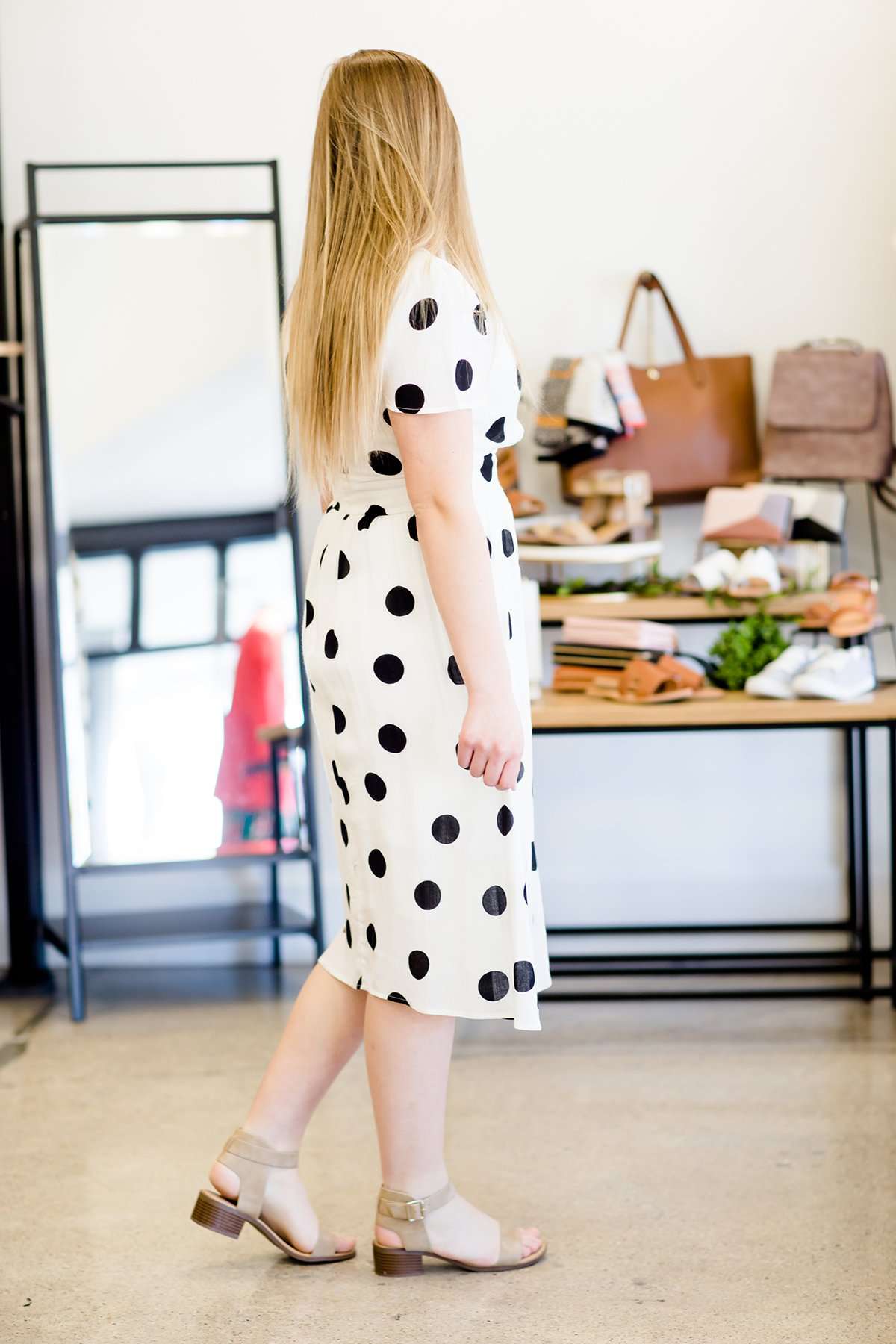Black and white modest polka dot midi women's dress