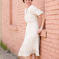 pom pom textured white modest midi dress