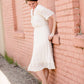 pom pom textured white modest midi dress