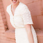 pom pom textured white modest midi dress