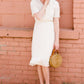 pom pom textured white modest midi dress