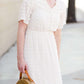 pom pom textured white modest midi dress