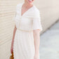 pom pom textured white modest midi dress