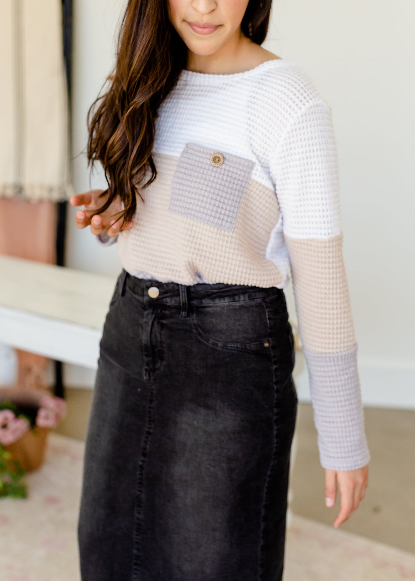 Popcorn Waffle Knit Long Sleeve Top - FINAL SALE Tops