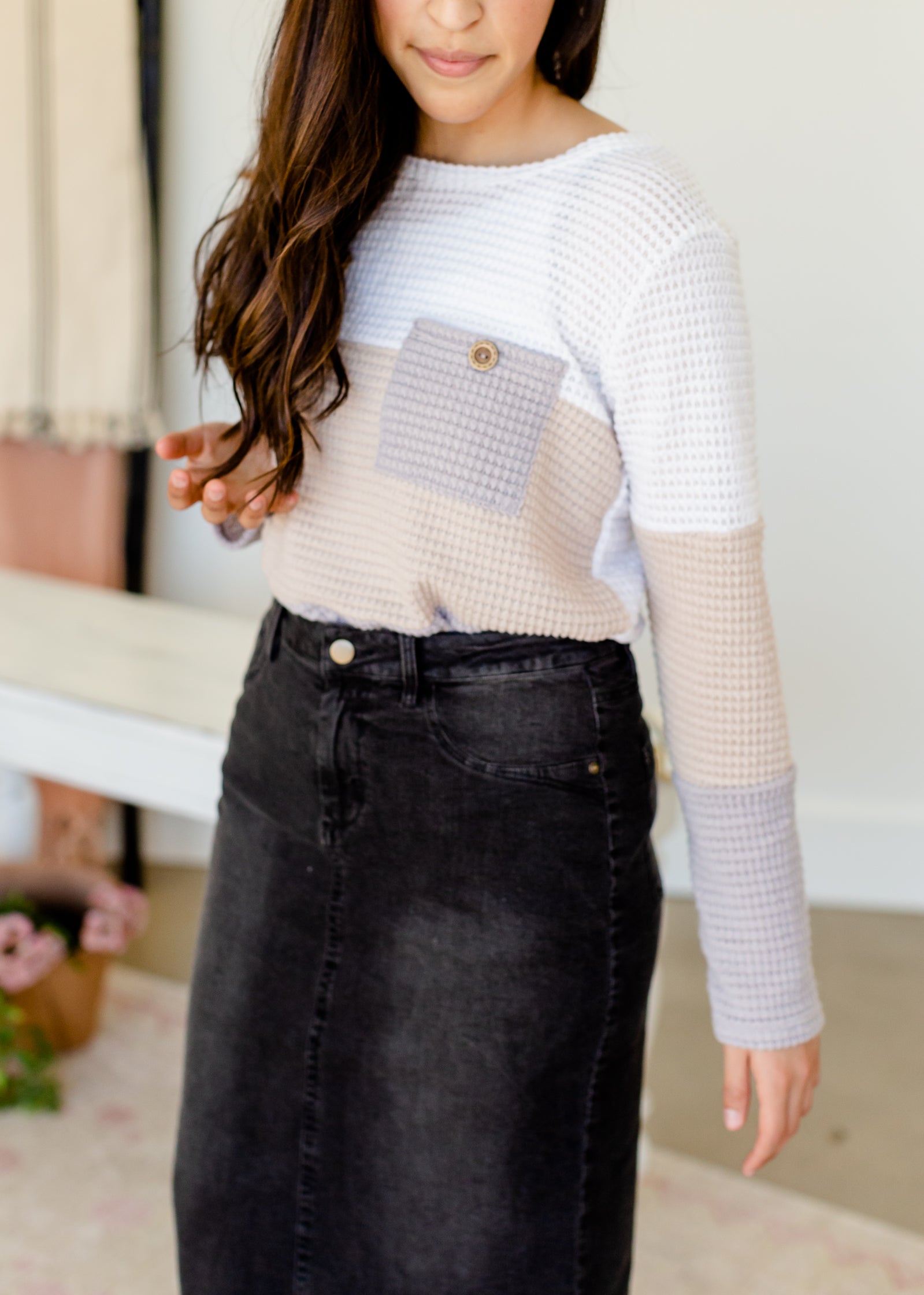 Popcorn Waffle Knit Long Sleeve Top - FINAL SALE Tops