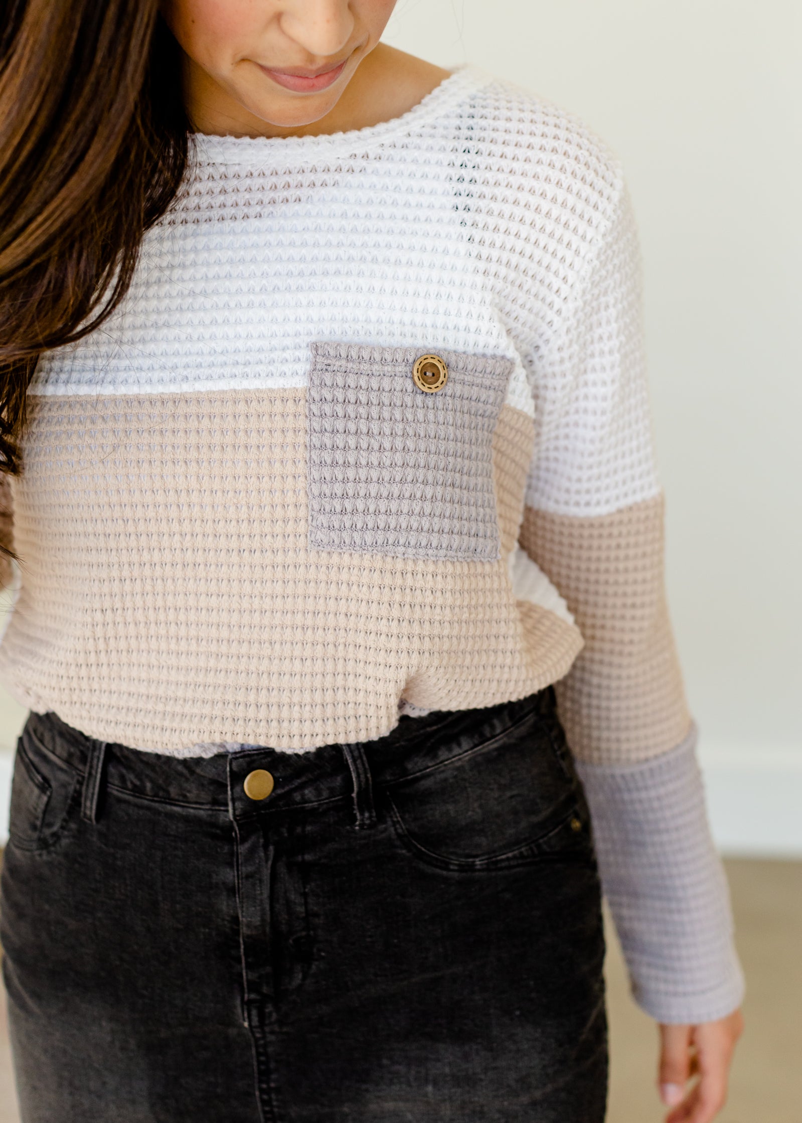 Popcorn Waffle Knit Long Sleeve Top - FINAL SALE Tops