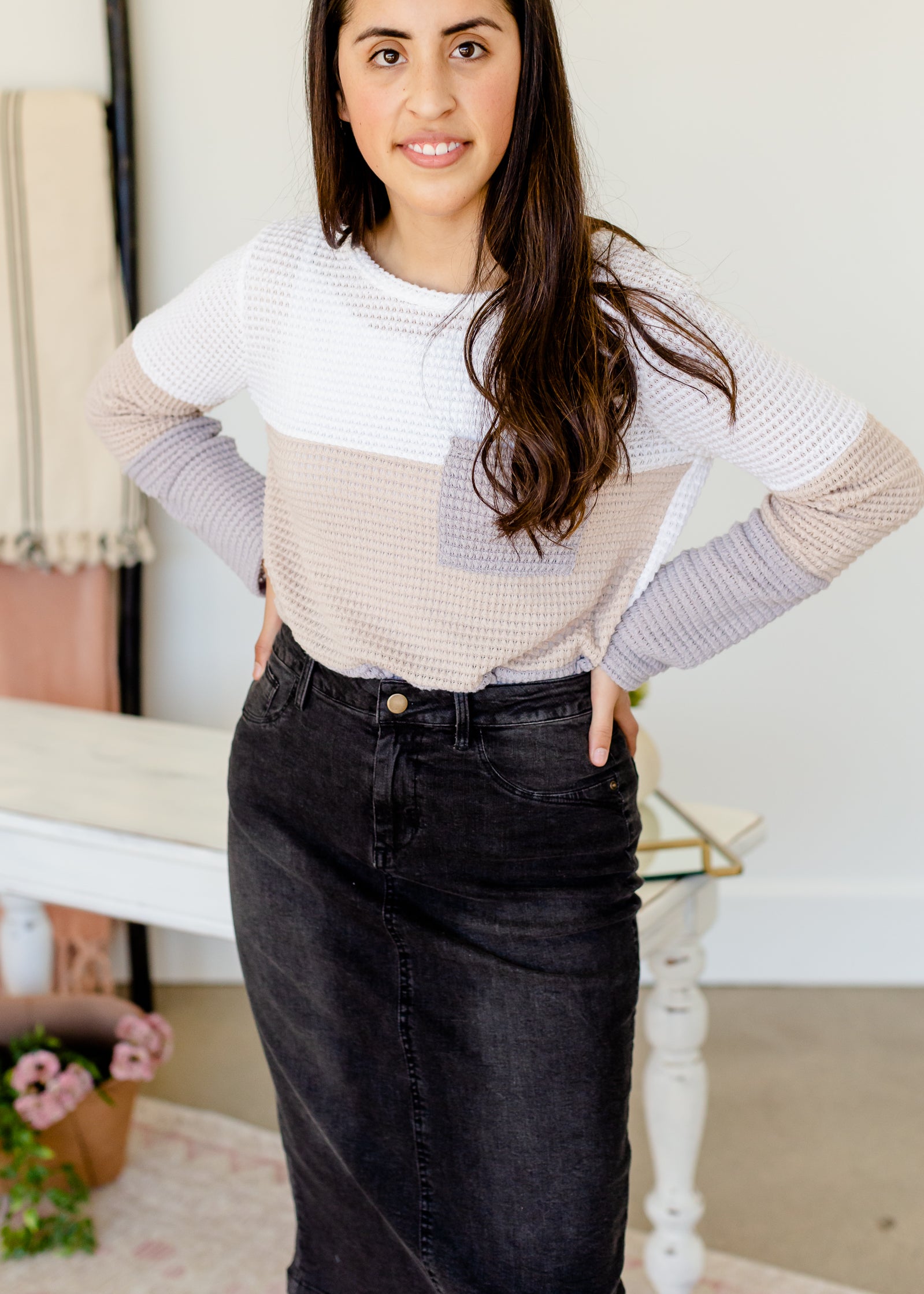 Popcorn Waffle Knit Long Sleeve Top - FINAL SALE Tops