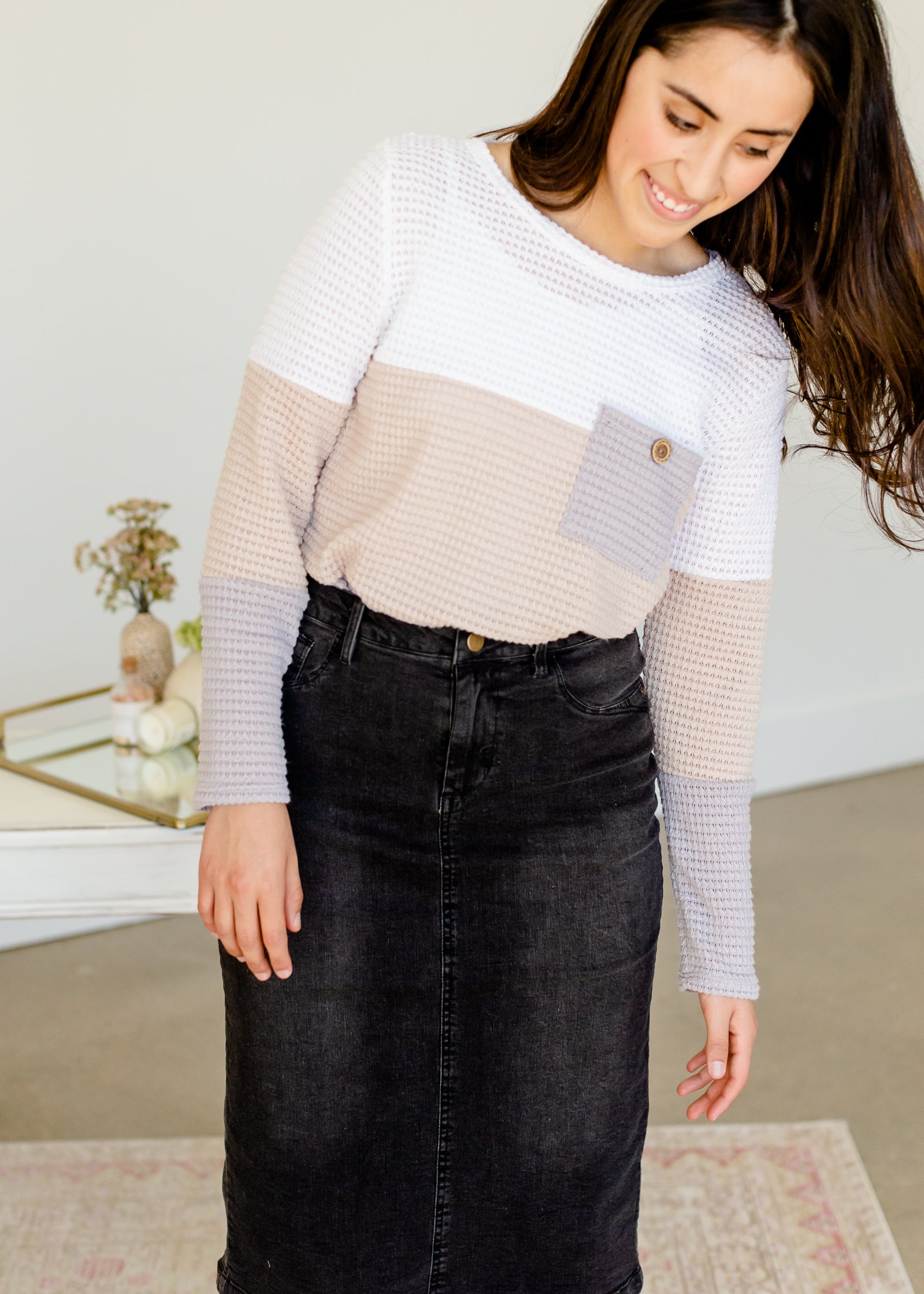 Popcorn Waffle Knit Long Sleeve Top - FINAL SALE Tops