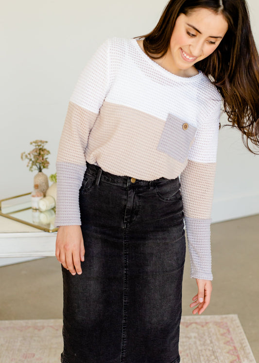 Popcorn Waffle Knit Long Sleeve Top - FINAL SALE Tops
