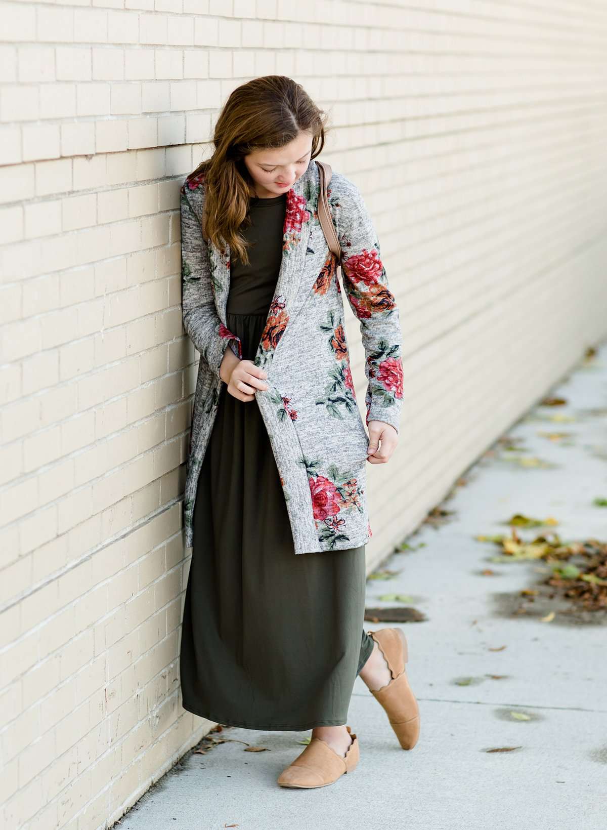 Modest Girls Gray and Burgandy Floral Long Cardigan