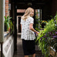 greenery patterned peplum white top with faux buttons on back