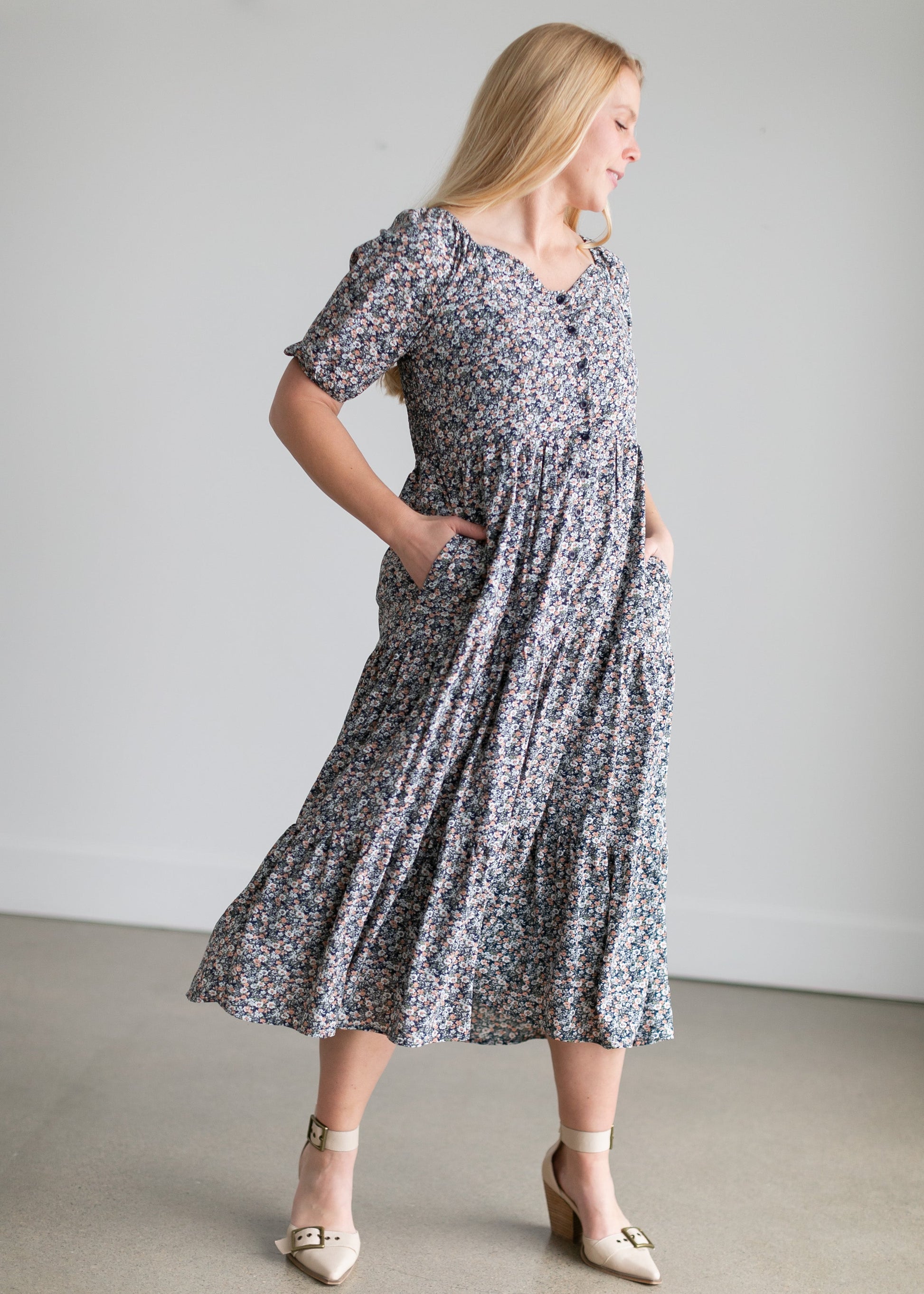 Puff Sleeve Floral Button Front Midi Dress - FINAL SALE – Inherit Co.