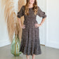 Puff Sleeve Smocked Bodice Round Neck Tiered Midi Dress Dresses Polagram Black / S