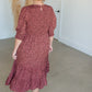 Puff Sleeve Smocked Bodice Round Neck Tiered Midi Dress Dresses Polagram