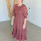 Puff Sleeve Smocked Bodice Round Neck Tiered Midi Dress Dresses Polagram