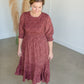 Puff Sleeve Smocked Bodice Round Neck Tiered Midi Dress Dresses Polagram