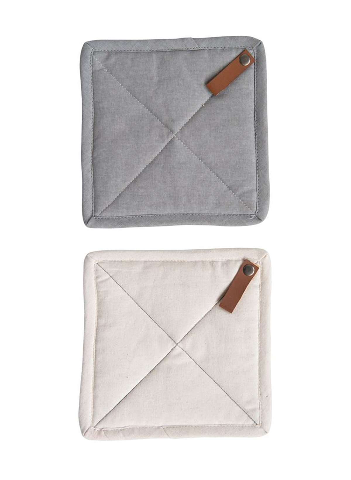 gray and tan quilted pot holder set with leather loop tab