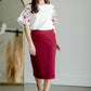 This is the quinn knit midi skirt that is made of high quality knit with a stretch waistband and is in a streight fit.