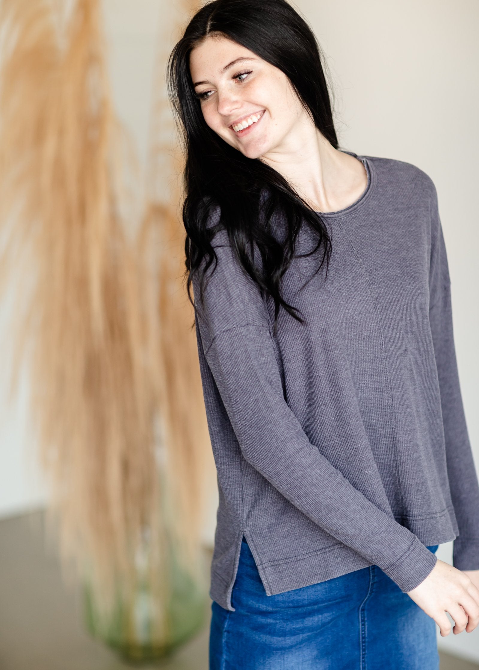 Raw Edge Round Neck Long Sleeve Waffle Knit Top Tops Thread & Supply