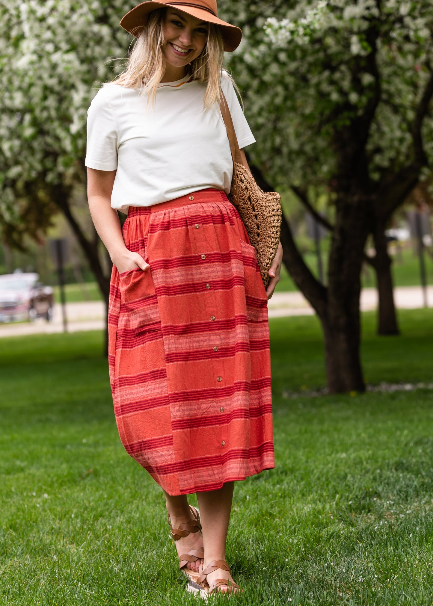 Red Brick Striped Pocket Midi Skirt Skirts