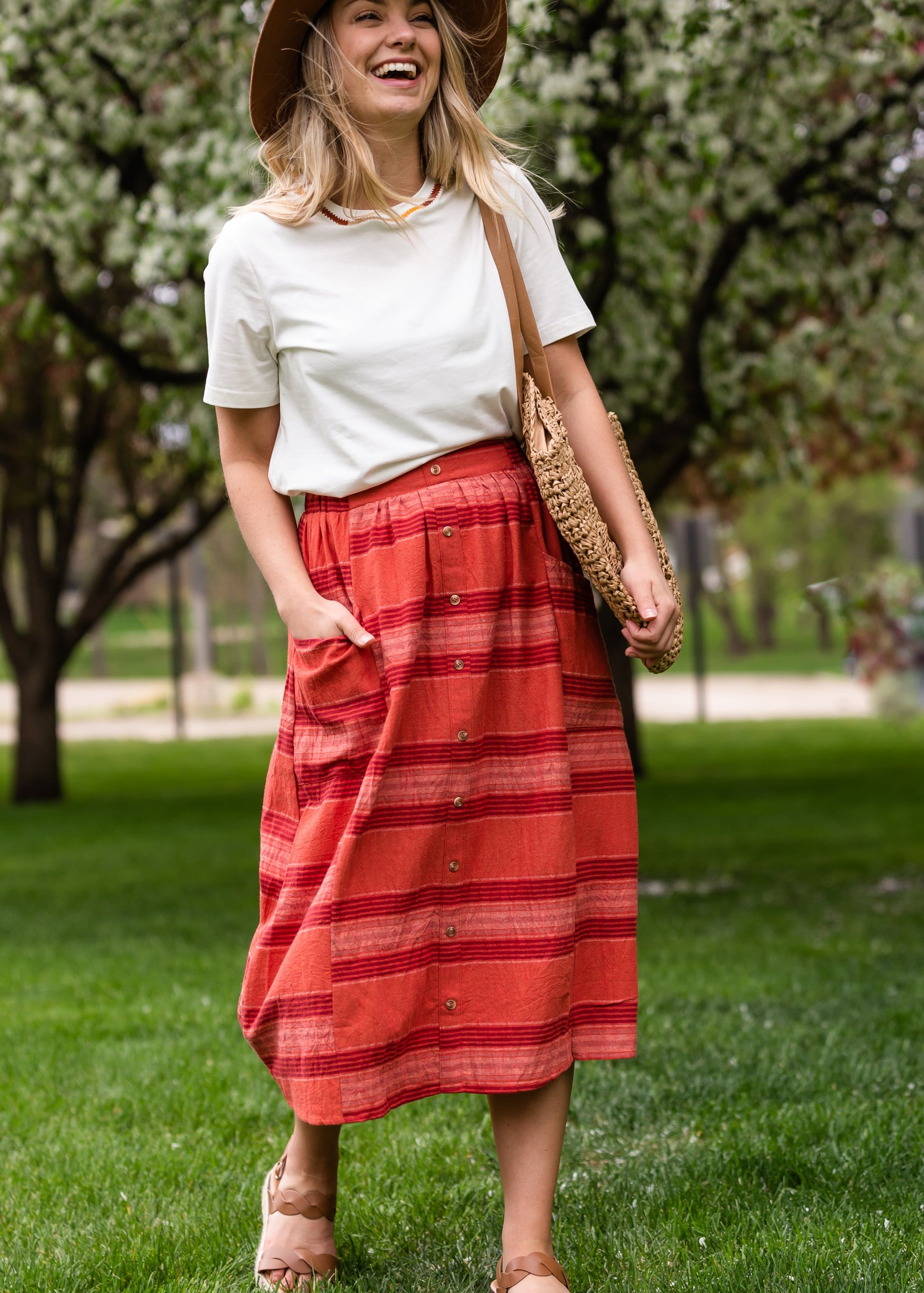 Red Brick Striped Pocket Midi Skirt Skirts