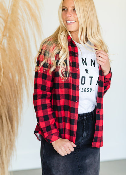 Red Checkered Plaid Fleece Lined Flannel - FINAL SALE Tops