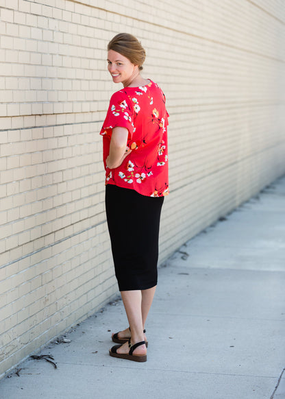 Red Floral Knot Front Top - FINAL SALE Tops