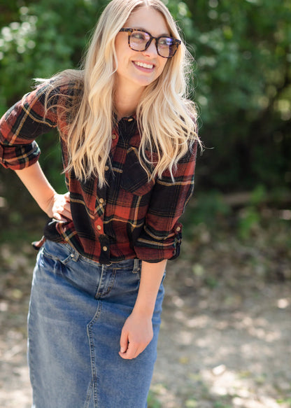 Red Rock + Black Plaid Button Up Tops Thread & Supply