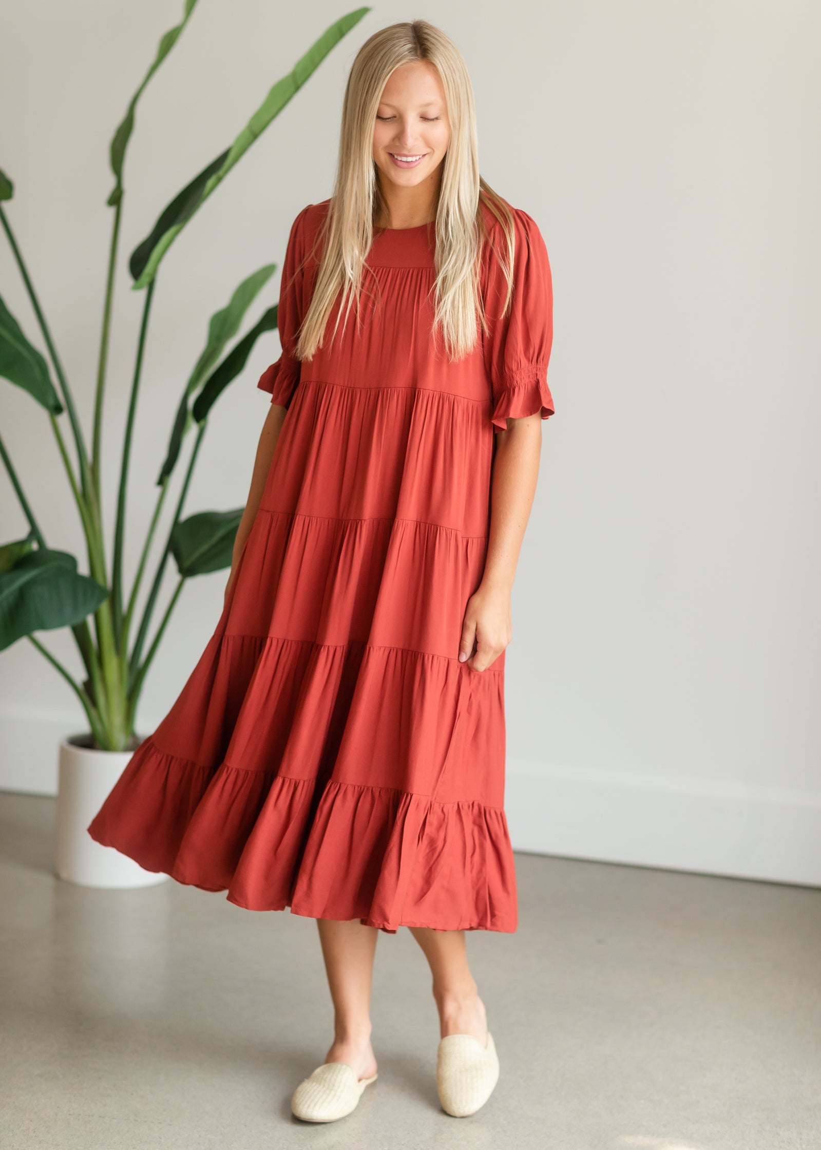 Red Smocked Sleeve Tiered Midi Dress Dresses