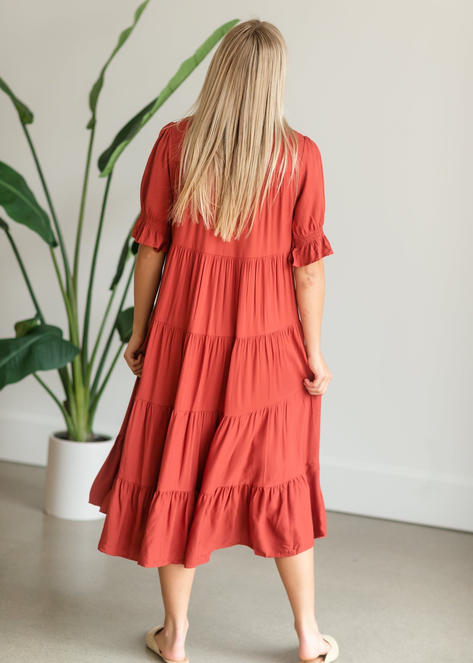 Red Smocked Sleeve Tiered Midi Dress Dresses
