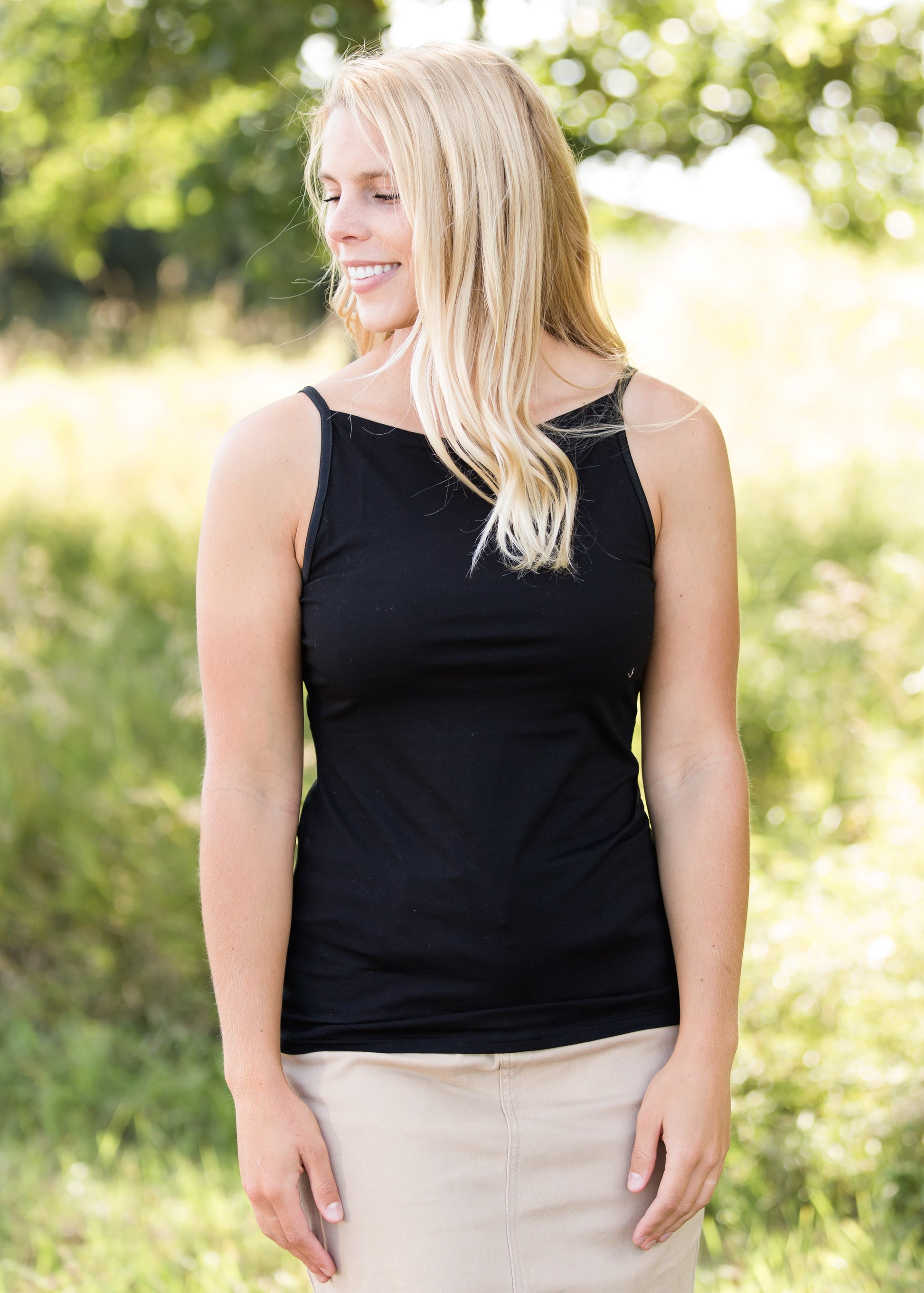 high neck adjustable layering tank top in black, white or navy