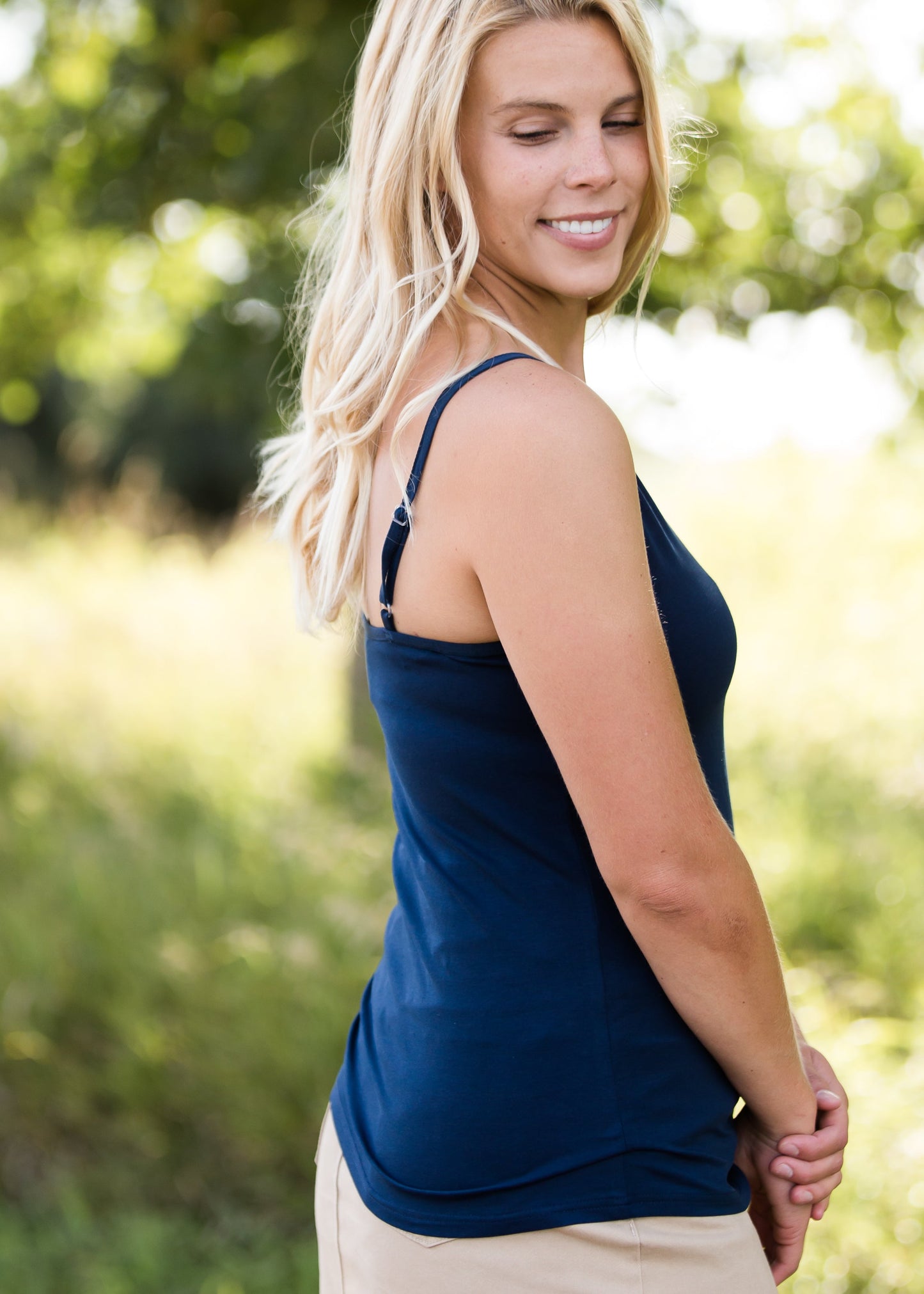 high neck adjustable layering tank top in black, white or navy