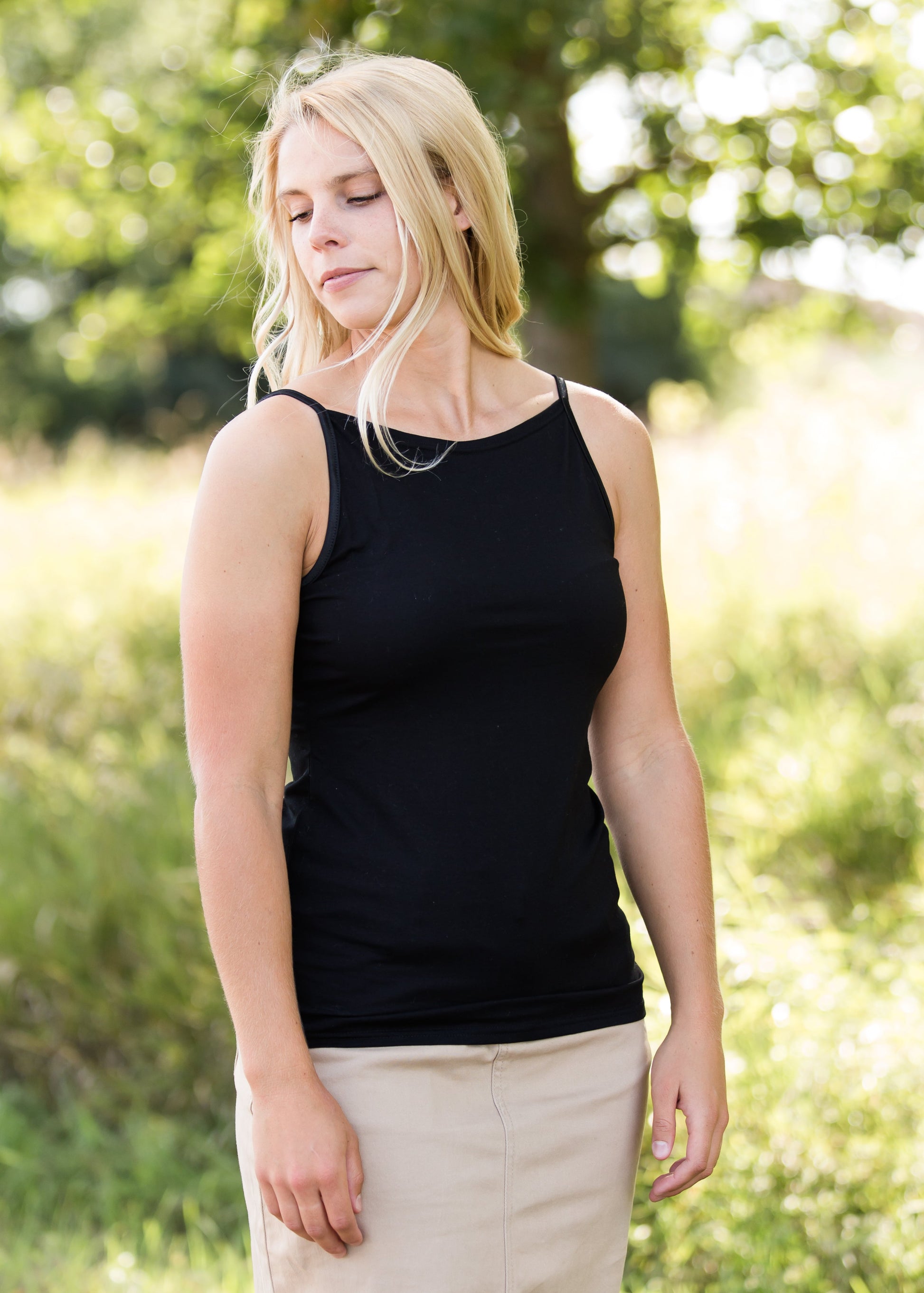 high neck adjustable layering tank top in black, white or navy