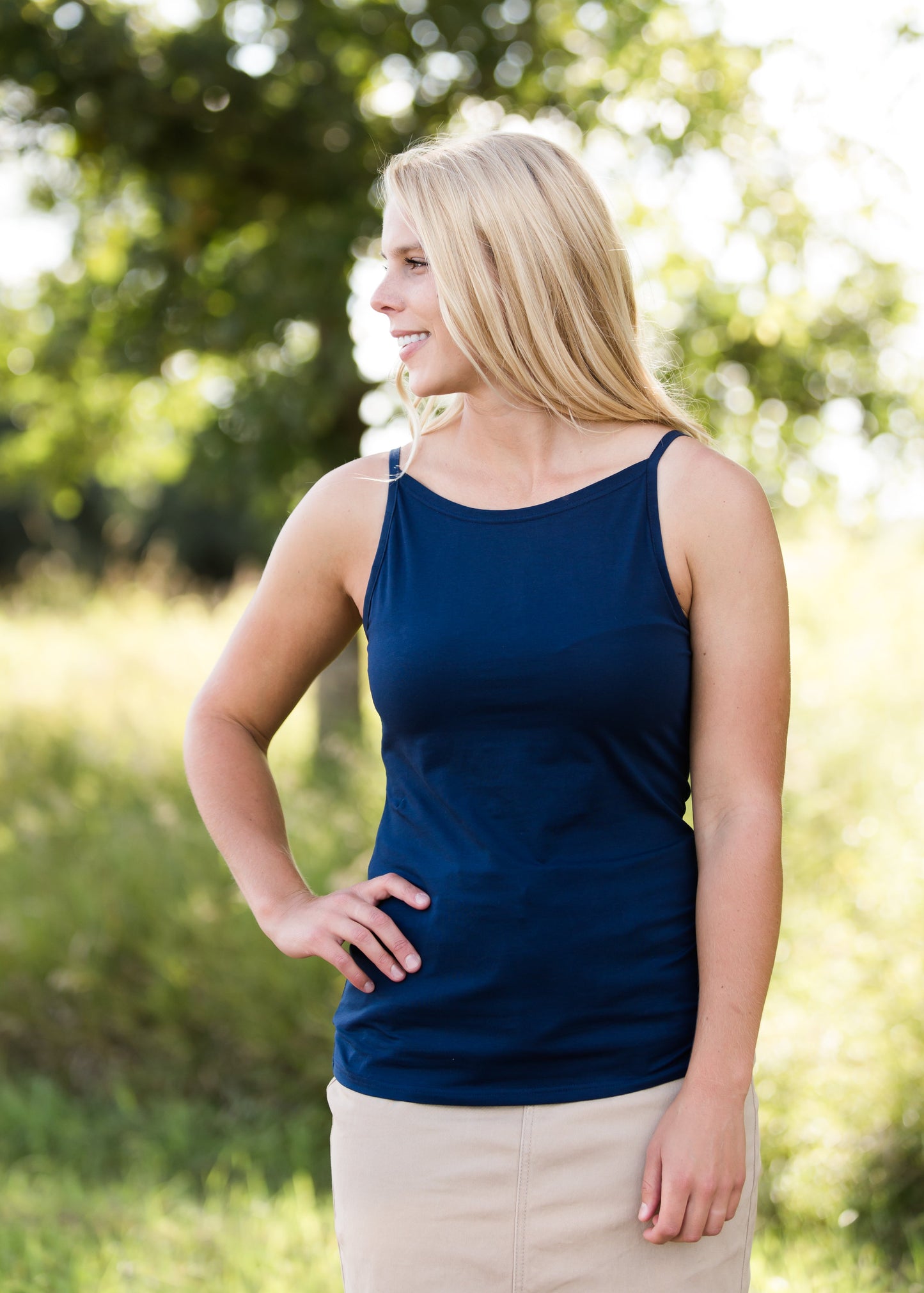 high neck adjustable layering tank top in black, white or navy