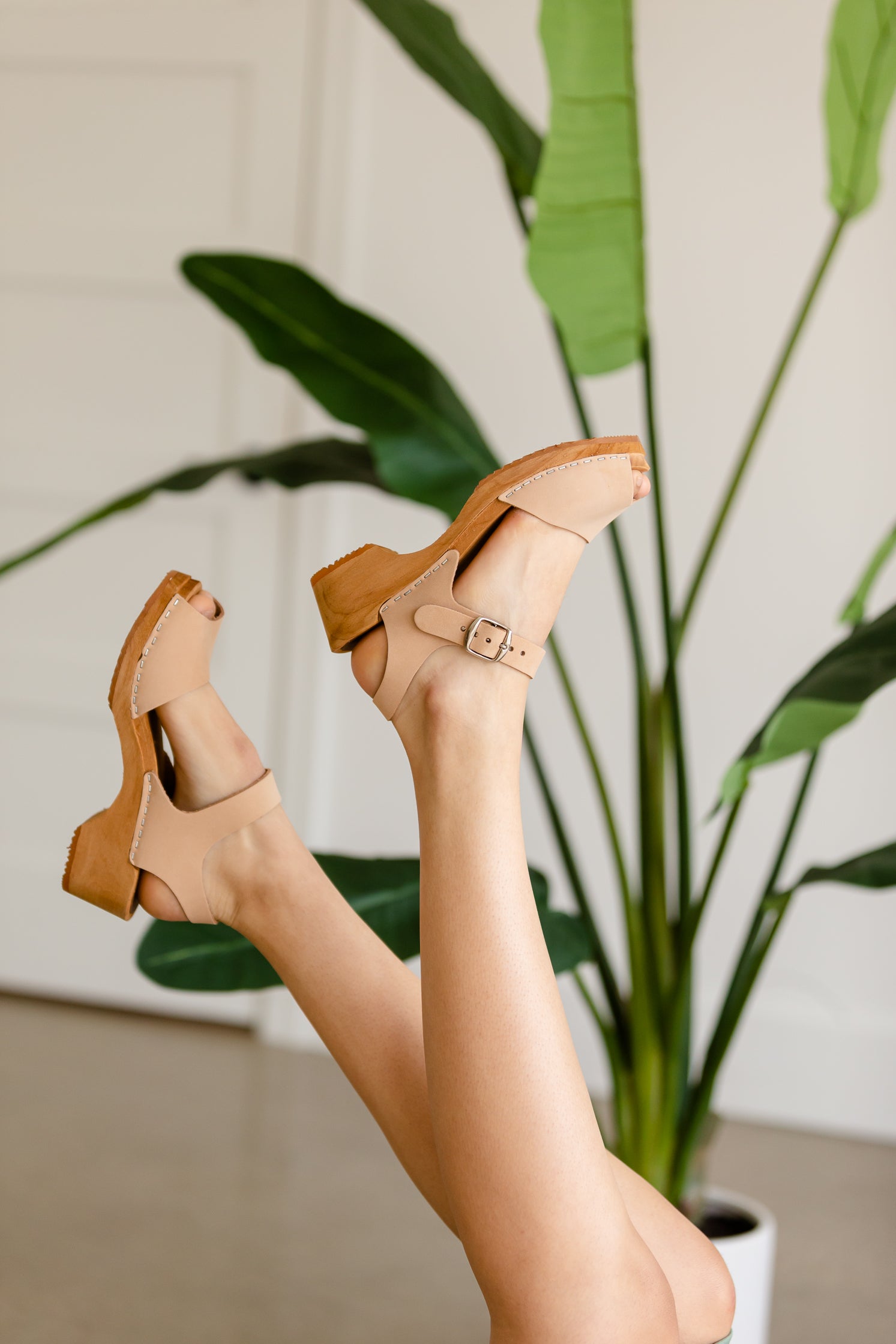 REDIRECTED Anja Natural Wood Peeptoe Clogs Shoes
