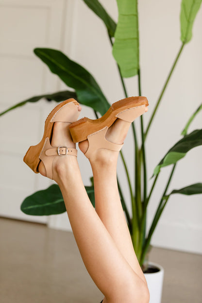 REDIRECTED Anja Natural Wood Peeptoe Clogs Shoes