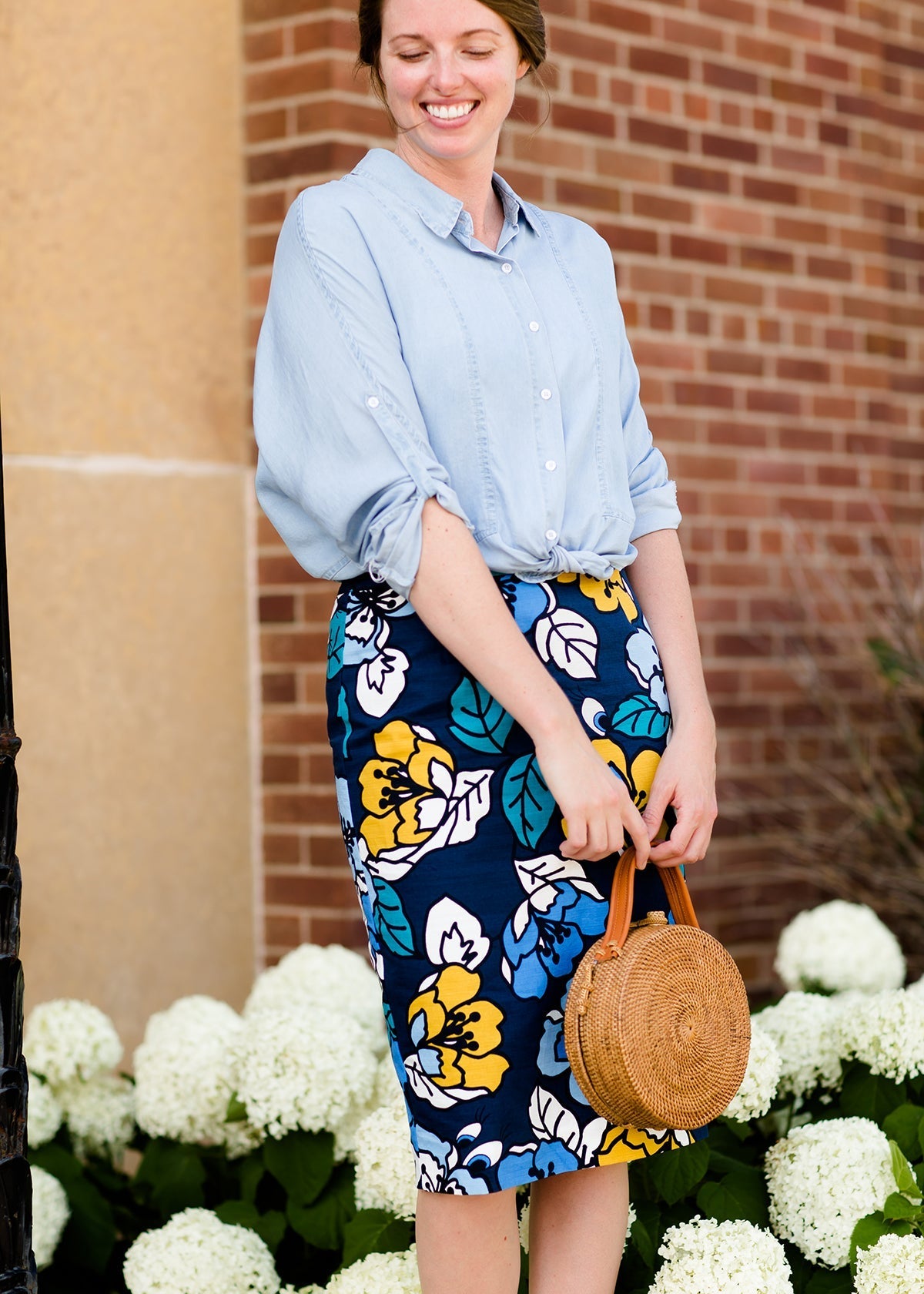 navy, yellow, and blue modest pencil midi skirts