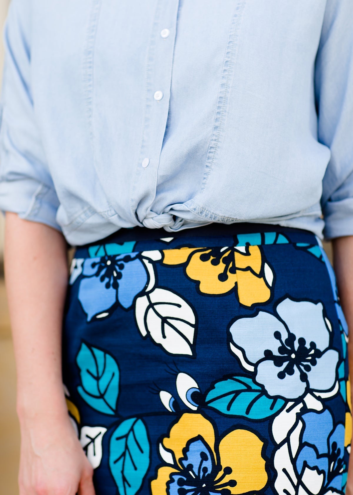 navy, yellow, and blue modest pencil midi skirts